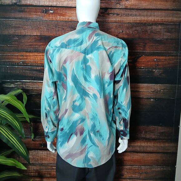Roper Shirt Mens XL Vintage 80s Western Button Front Top Abstract Cotton US Made - Picture 7 of 10